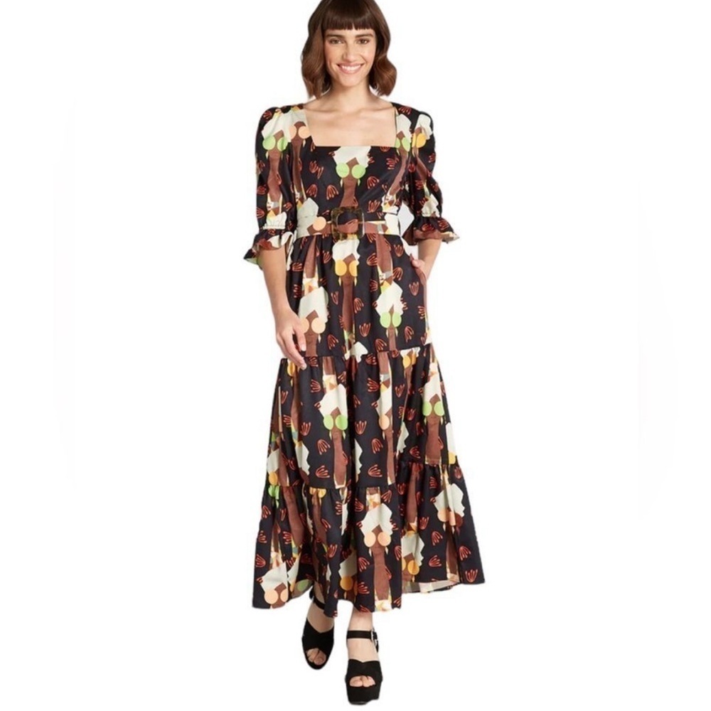 Hutch X ModCloth Dress Letโs Go Boho Brown Black Multi Maxi Size 4